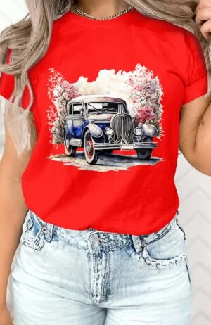 T-shirt Col Rond Femme – Old car vintage – Rouge