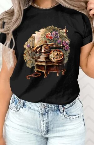 T-shirt Col Rond Femme – Old phone flower – Noir