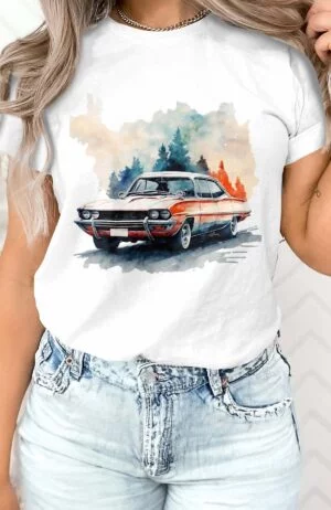 T-shirt Col rond Femme – Old red Car – Blanc
