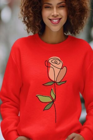 Rose lineart – Sweat Col Rond Femme – Rouge