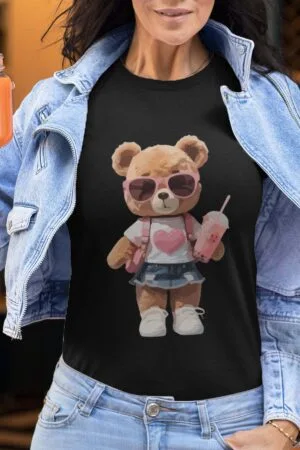 T-shirt Femme Col Rond – peluche jupe – Noir