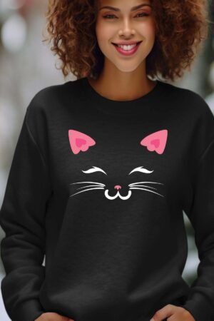 pink face cat - Sweat Col  Rond Femme