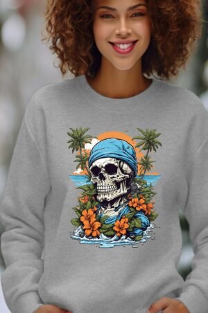 skull tropical – Sweat Col Rond Femme – Gris
