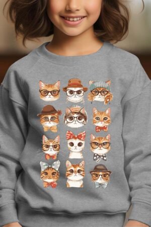Cat Familly – Sweat Col Rond Fille – Gris