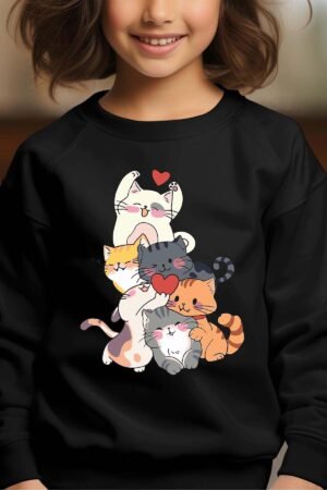 Cat joy – Sweat Col Rond Fille – Noir