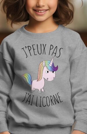 Sweat Col Rond Fille – Licorne – Gris chiné