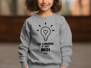 Sweat Col Rond Fille – c’est moi la lumière – Gris Chiné