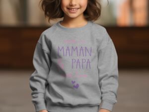 Sweat Col Rond Fille – maman et papa with love – Gris chiné