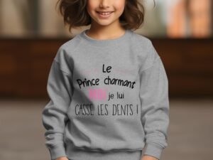 Sweat Col Rond Fille – prince charmant moi casse les dents – Gris chiné