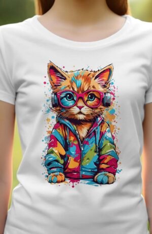 T-shirt Femme – Cute cat Multi Paint – Blanc