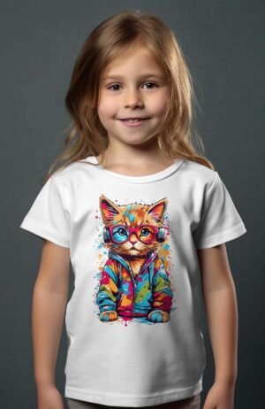 T-shirt Col Rond Fille - Cute cat Multi Paint