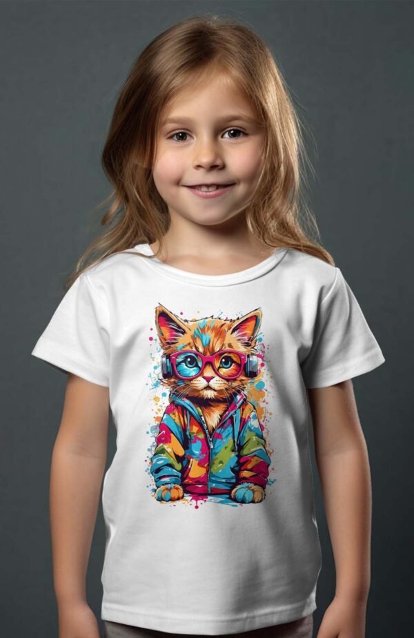 T-shirt Col Rond Fille - Cute cat Multi Paint