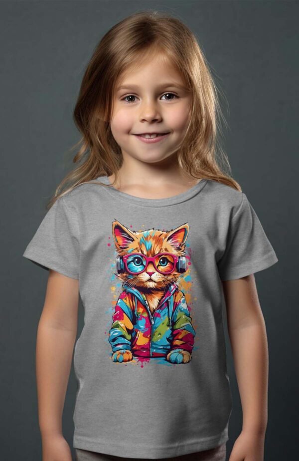 T-shirt Col Rond Fille - Cute cat Multi Paint