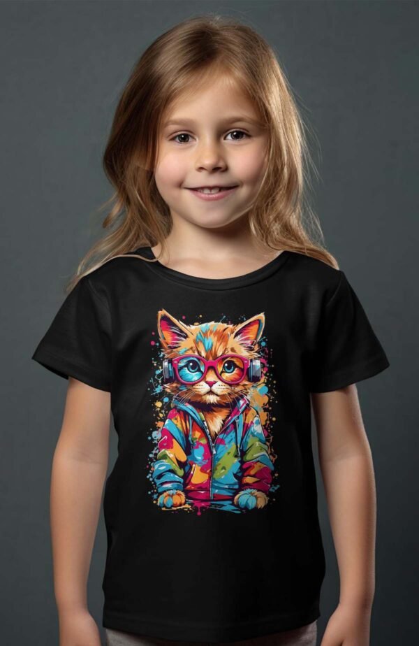 T-shirt Col Rond Fille - Cute cat Multi Paint