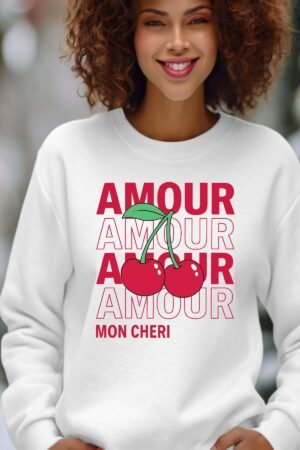 amour cerise – Sweat Col Rond Femme – Blanc