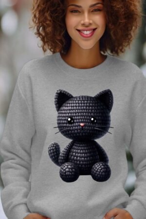 crochet Black cat – Sweat Col Rond Femme – Gris