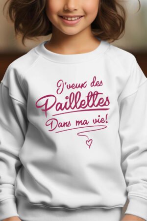 paillettes vie – Sweat Col Rond Fille – Blanc
