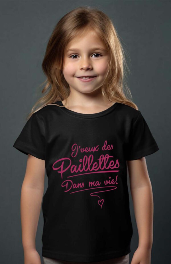T-shirt Col Rond Fille - J'veux des paillettes dans ma vie