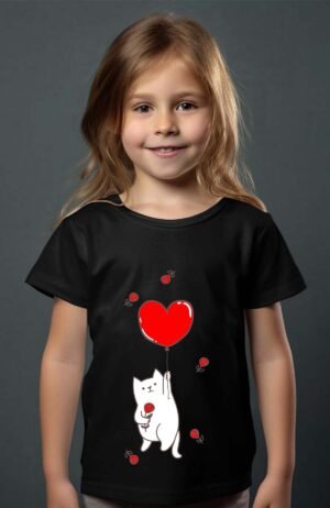 T-shirt Col Rond Fille - Chat vole cœur