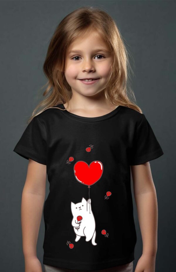 T-shirt Col Rond Fille - Chat vole cœur