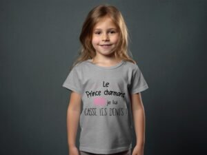 T-shirt Col Rond Fille – prince charmant moi casse les dents – Gris chiné