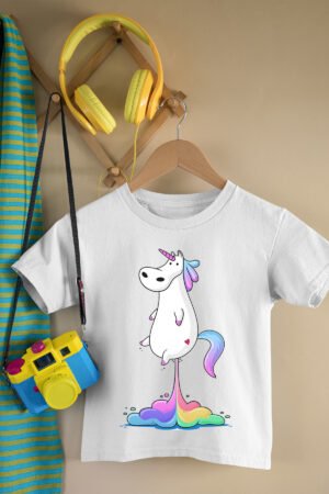 T-shirt Col Rond Fille – unicorn qui pete – Blanc
