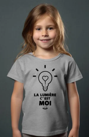 T-shirt Col rond fille – c’est moi la lumière – Gris chiné