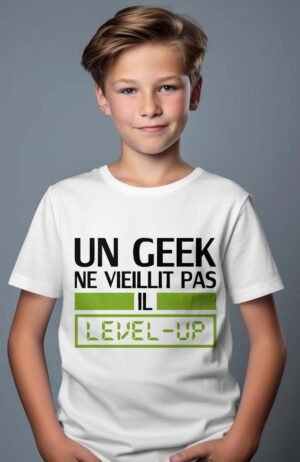 T-shirt Garçon geek level up – Blanc