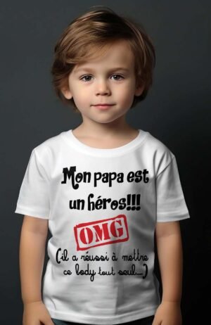 T-shirt Garçon – papa un hero omg – Blanc