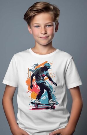 T-shirt Garçon – skateman – Blanc