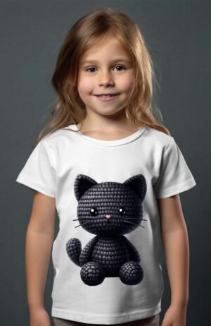 T-shirt Col Rond Fille - Cat crochet noir