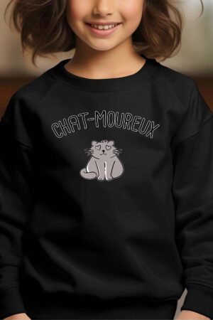 Chat-moureux – Sweat Col Rond Fille – Noir