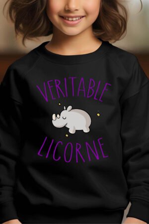 licorne hippo – Sweat Col Rond Fille – Noir