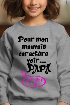mauvais caractere Rose – Sweat Col Rond Fille – Gris