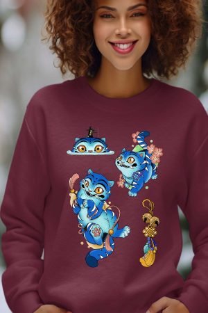 Chat Hunter Kpop – Sweat Col Rond Femme – Bordeaux