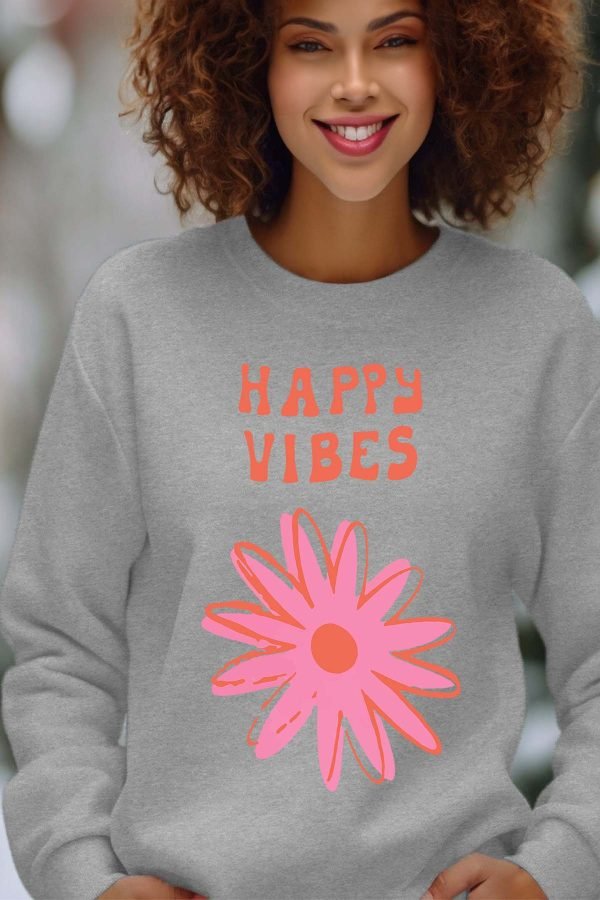 Sweat Col Rond Femme en Gros | Happy vibes fleur